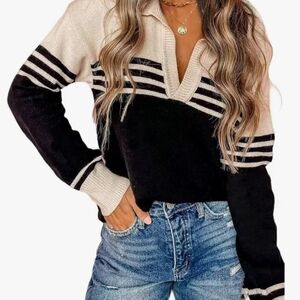 Elegant V-Neck Black and Cream Women's Sweater